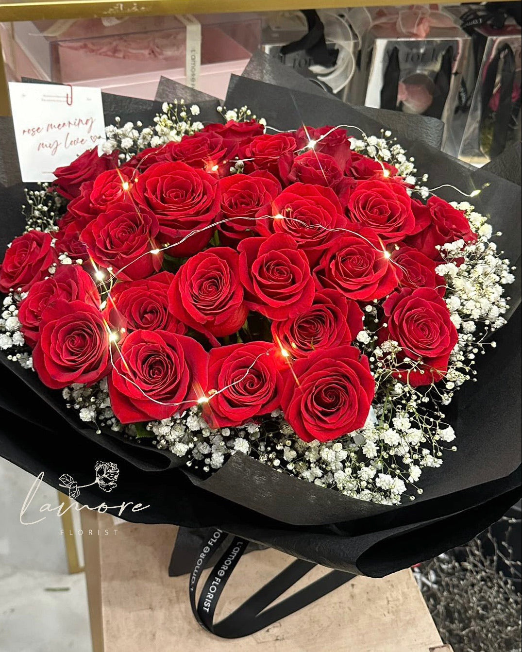 33 Stems Red Rose Bouquet with Baby’s Breath|Rosé Romance