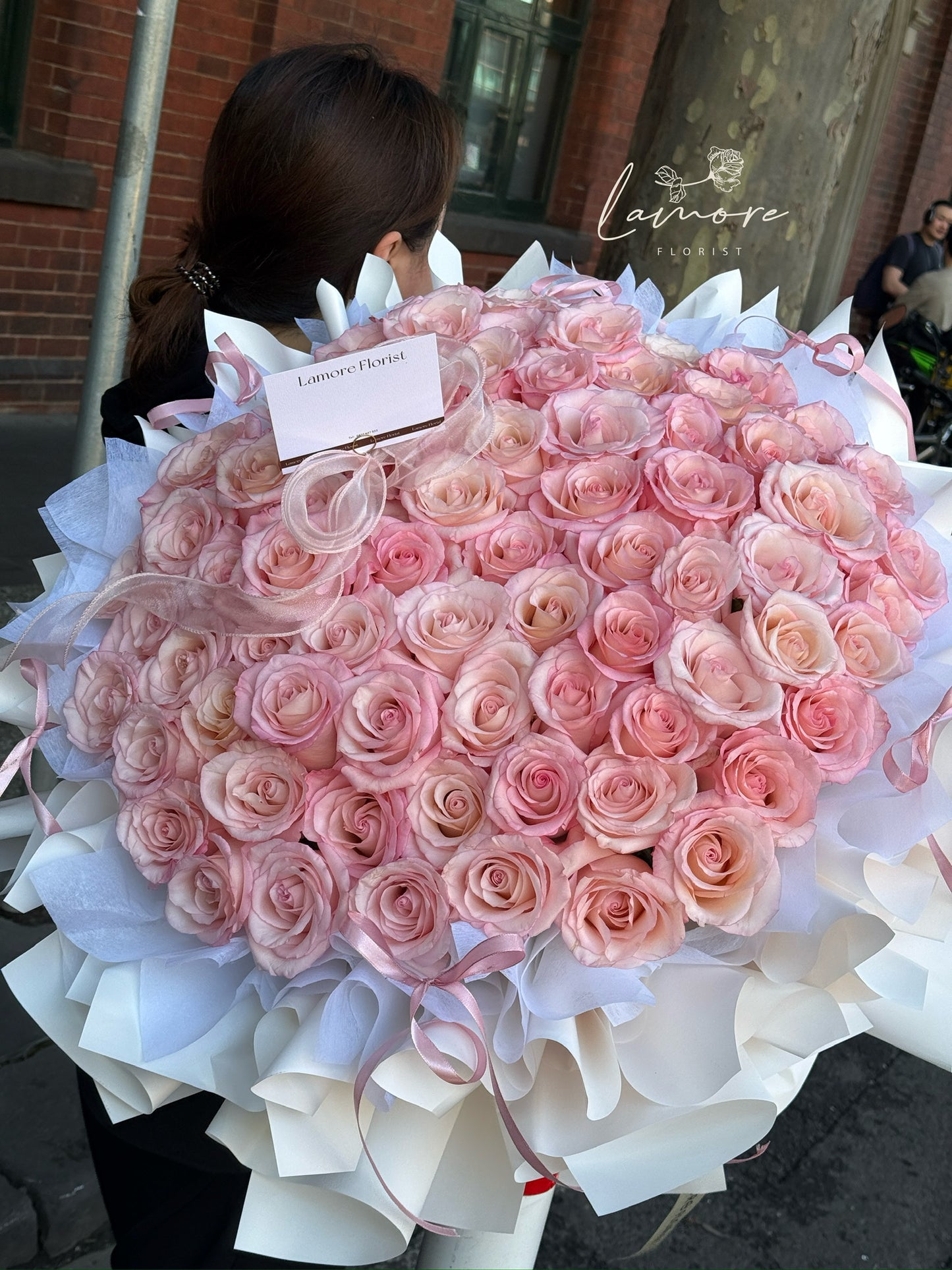 99 Stems Pink Rose Bouquet - Ballet Bow Wrapping