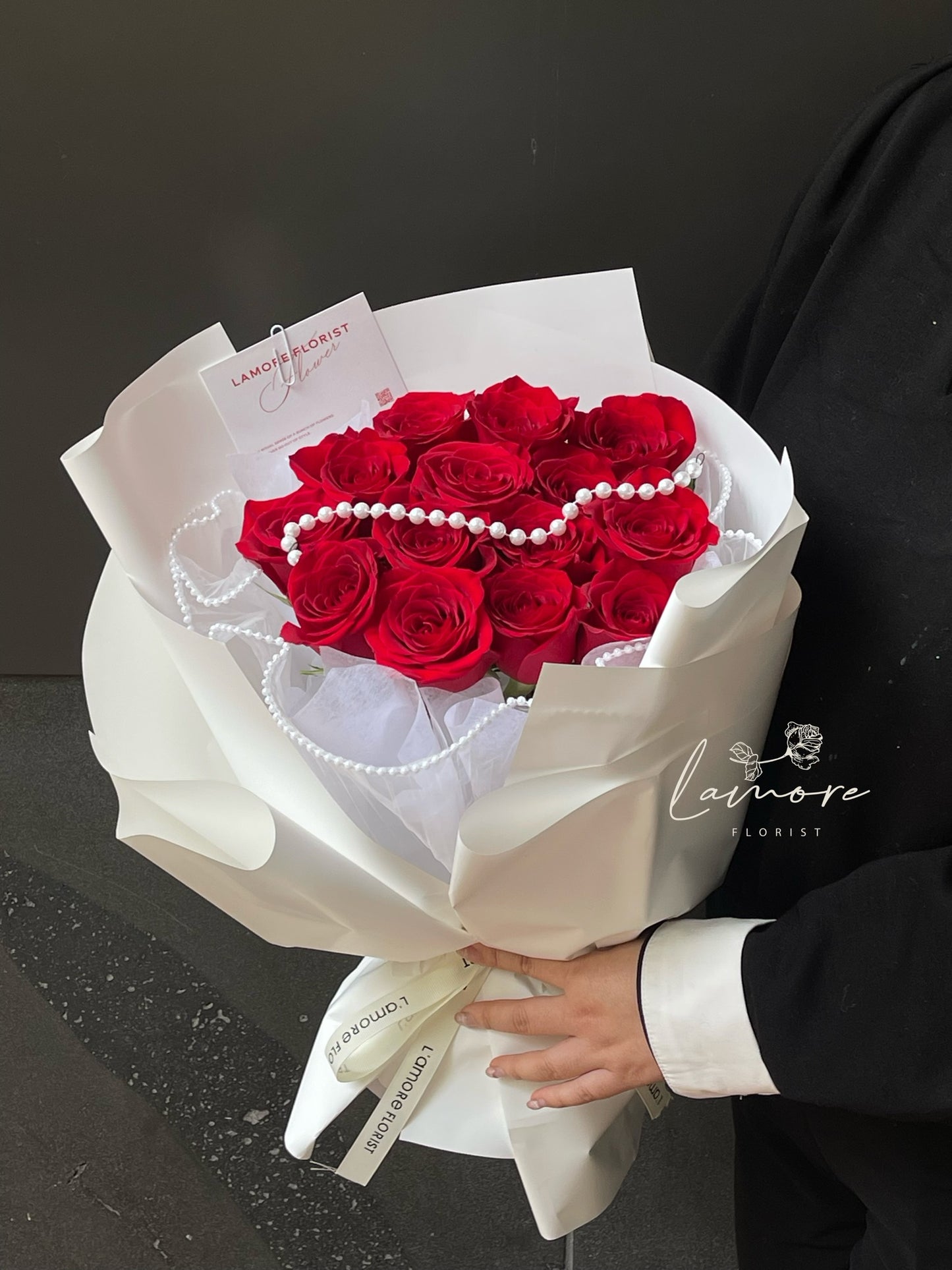 11 Stems Red Rose Bouquet - White Wrapping