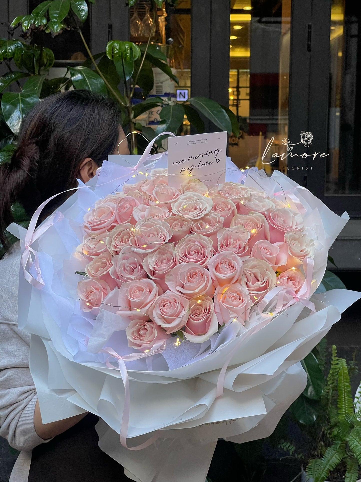 33 Stems Pink Rose Bouquet - Ballet Bow Wrapping