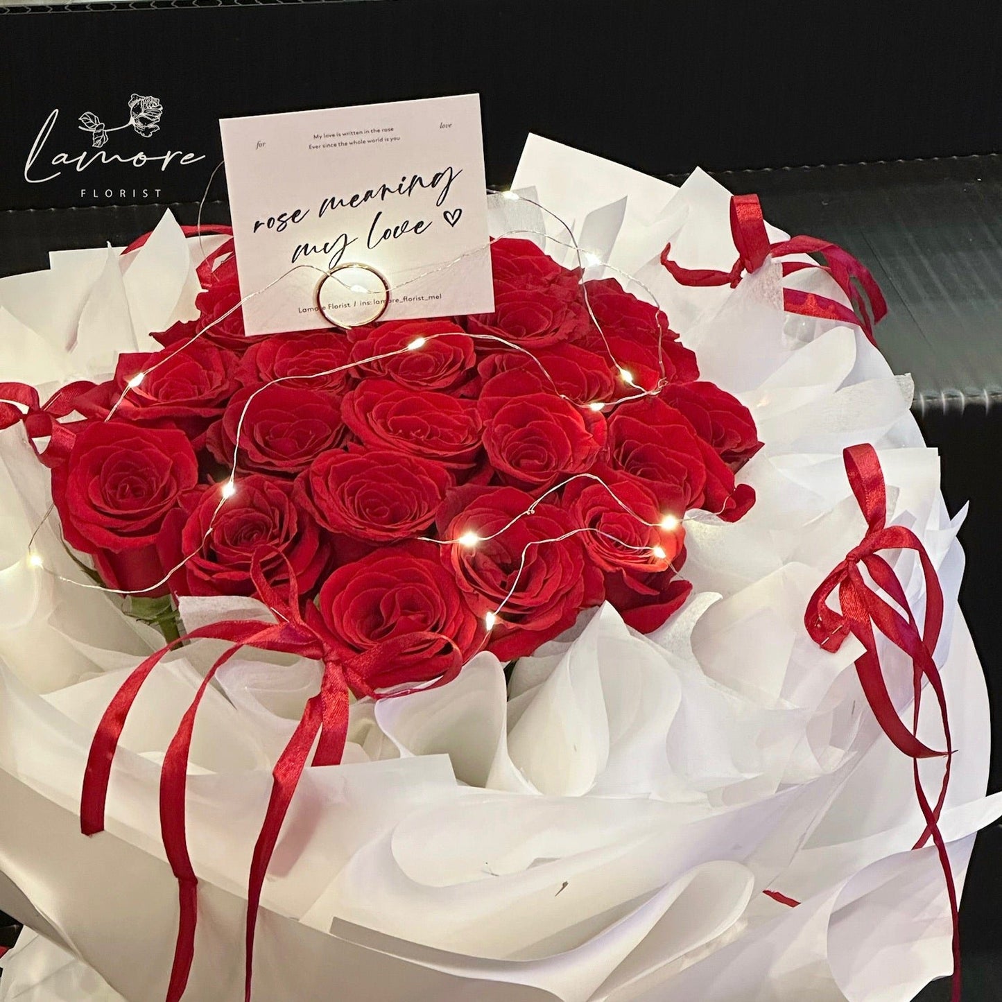33 Stems Red Rose Bouquet - Ballet Bow Wrapping