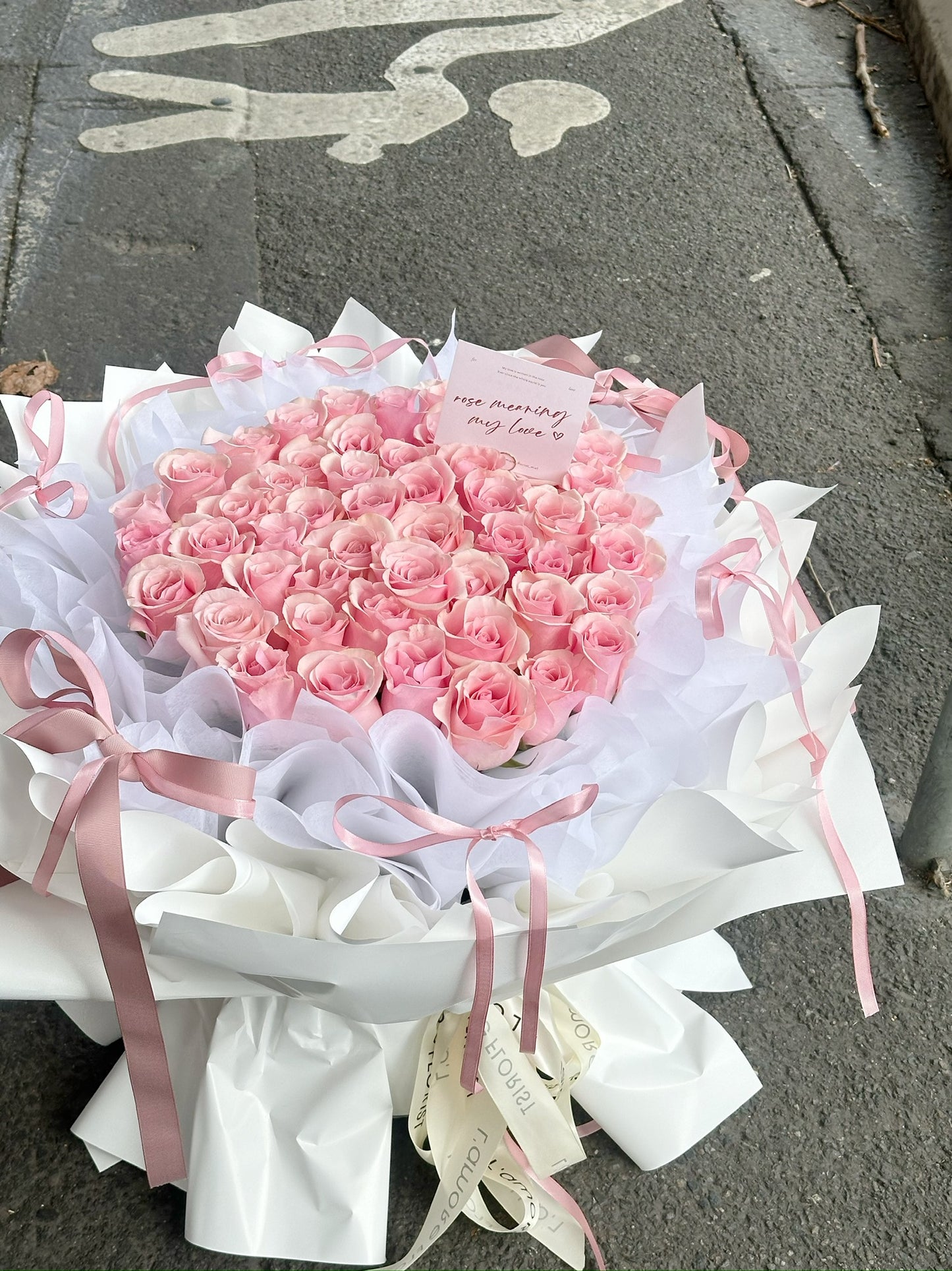 52 Stems Pink Rose Bouquet - Ballet Bow Wrapping