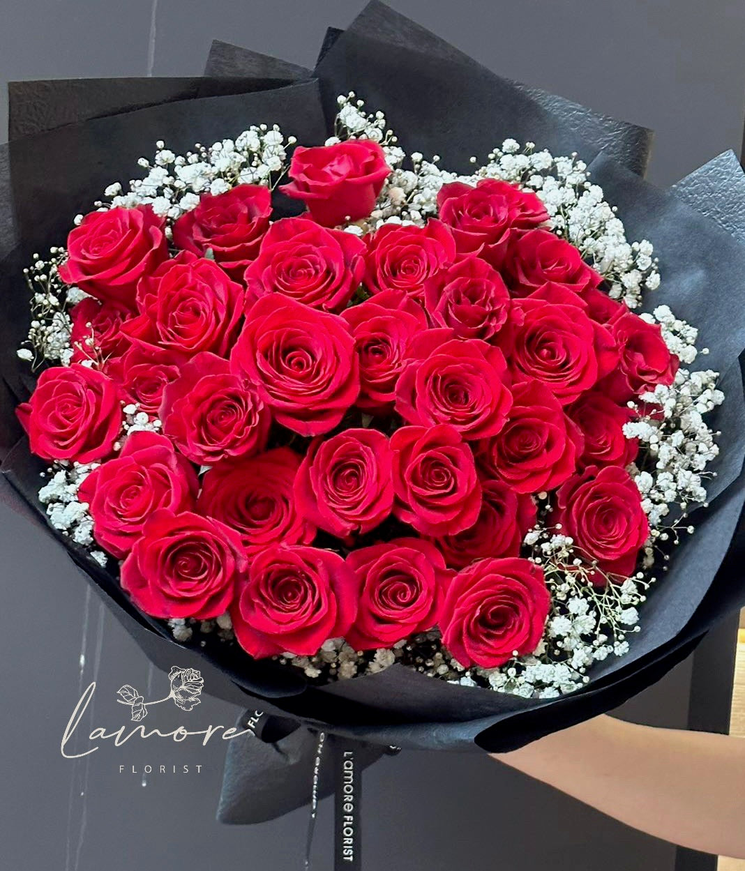 33 Stems Red Rose Bouquet with Baby’s Breath- Black Wrapping