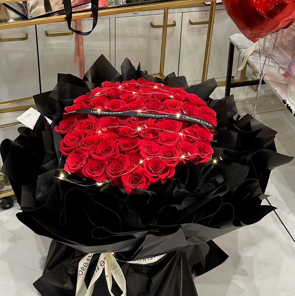 52 Stems Red Rose Bouquet - Black Wrapping