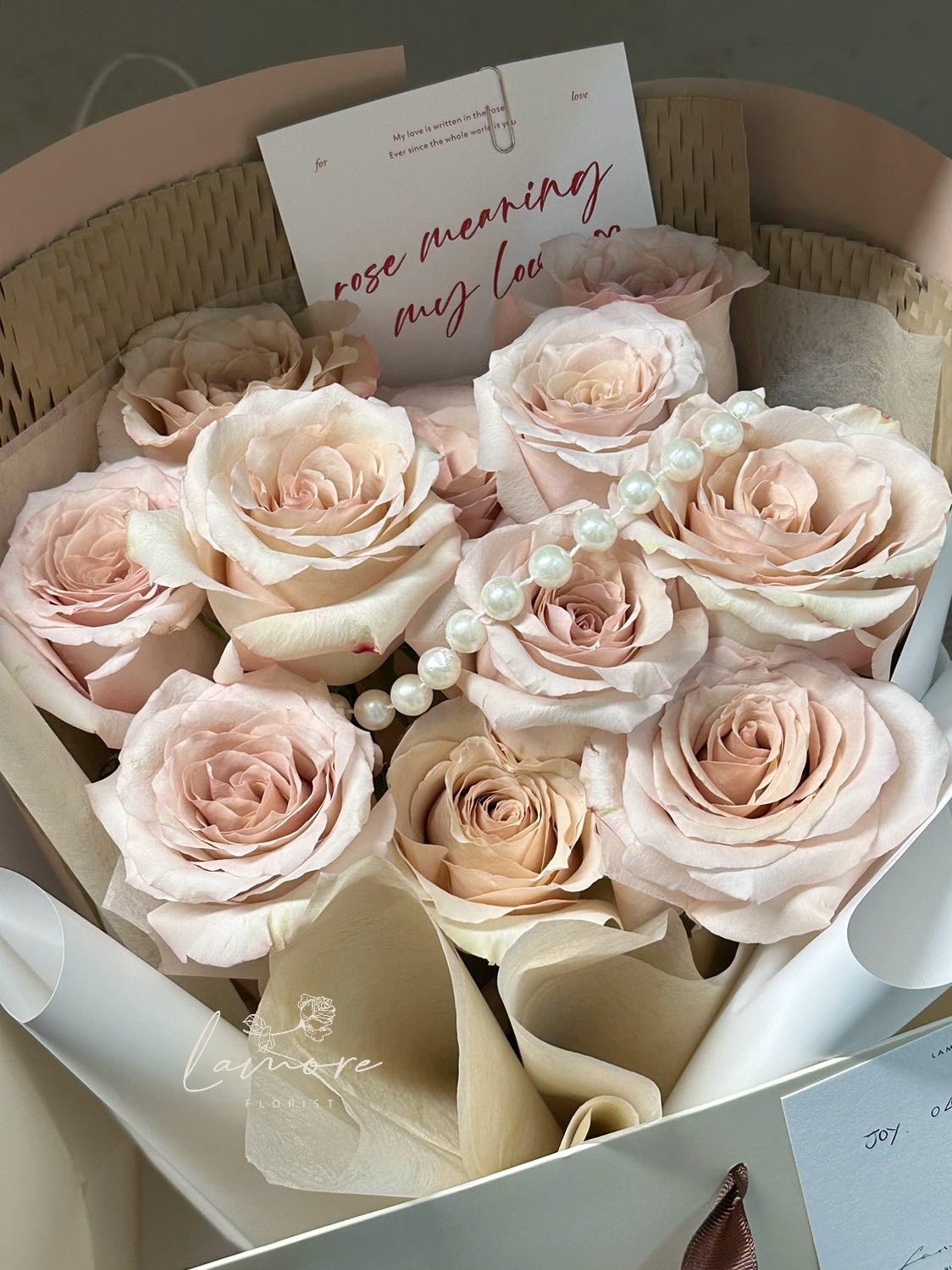 11 Stems Quicksand Rose Bouquet - White Wrapping