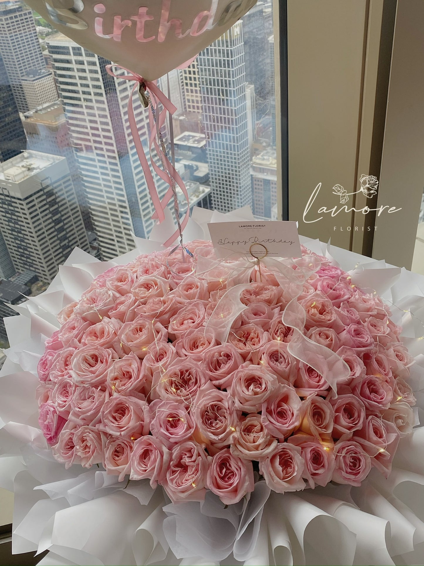 99 Stems Pink Rose Bouquet - Ballet Bow Wrapping