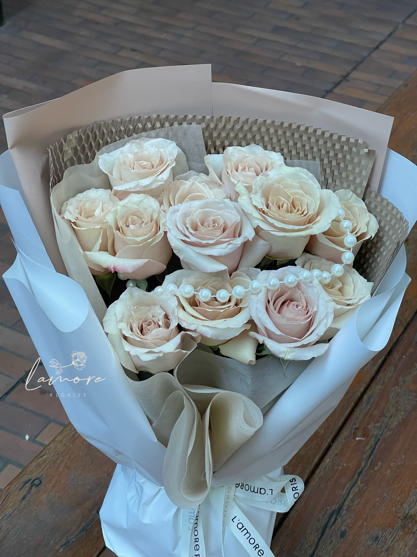 11 Stems Quicksand Rose Bouquet - White Wrapping