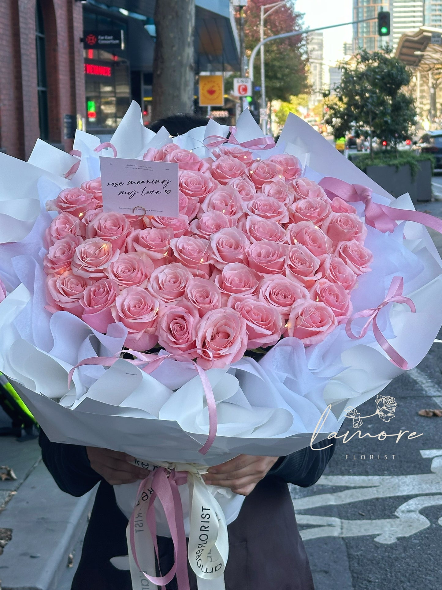 52 Stems Pink Rose Bouquet - Ballet Bow Wrapping