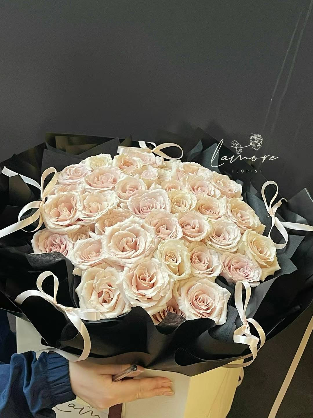 33 Stems Quicksand Rose Bouquet - Ballet Bow Wrapping