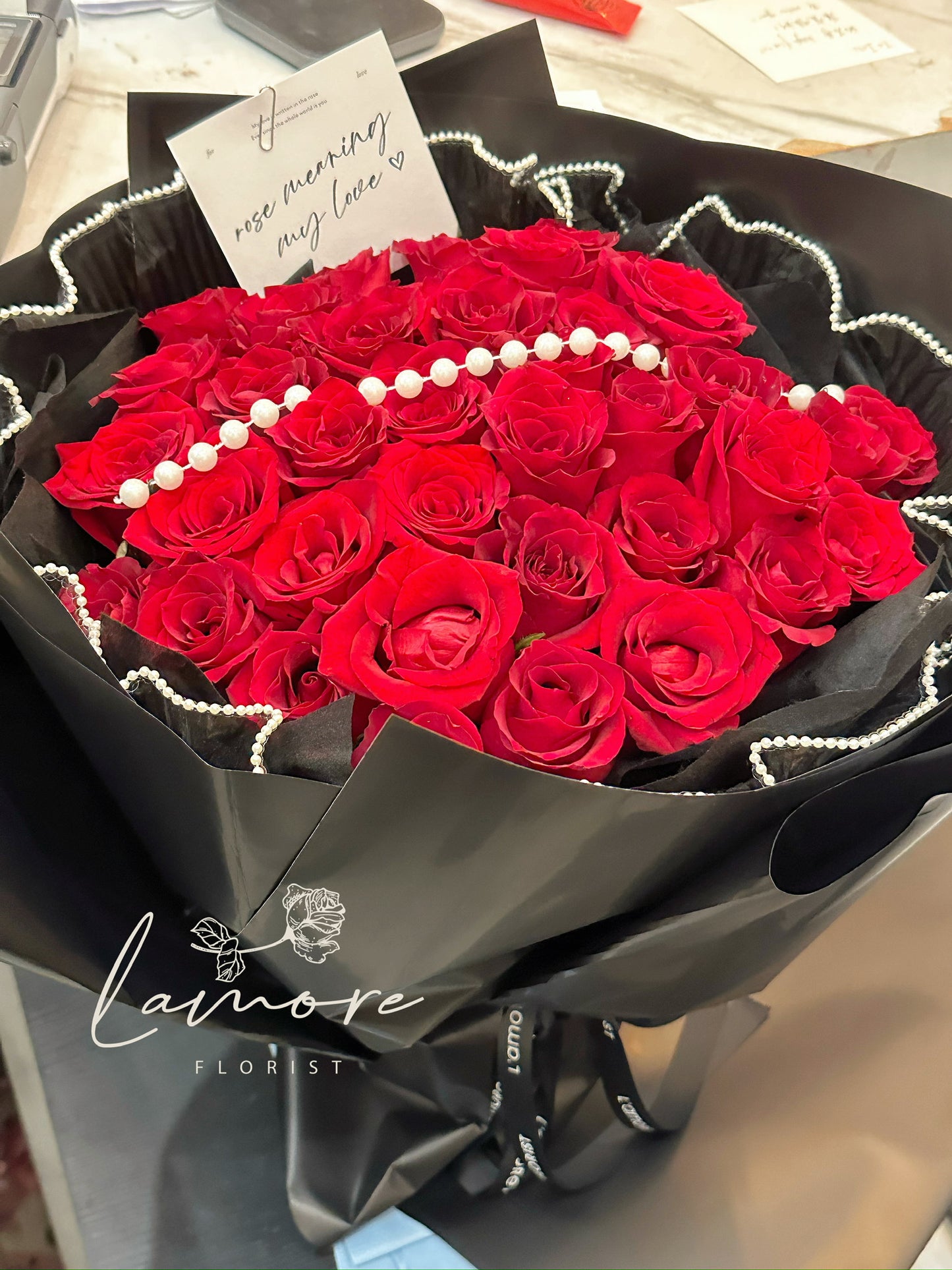 33 Stems Red Rose Bouquet - Black Wrapping