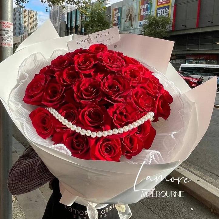 33 Stem Red Rose Bouquet - White Wrapping