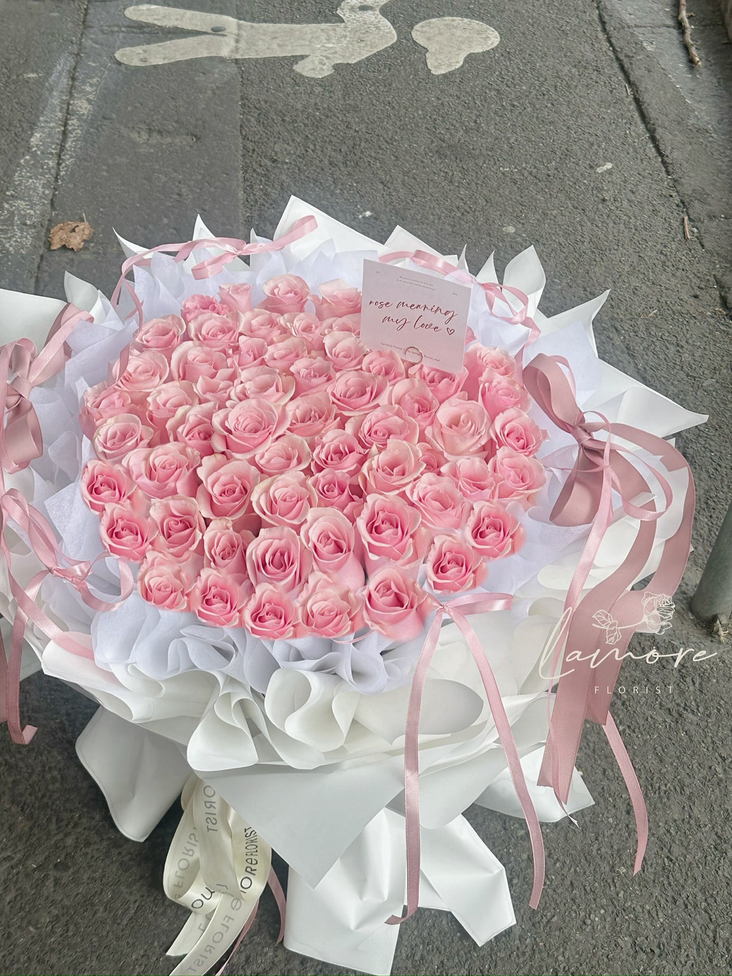 52 Stems Pink Rose Bouquet - Ballet Bow Wrapping