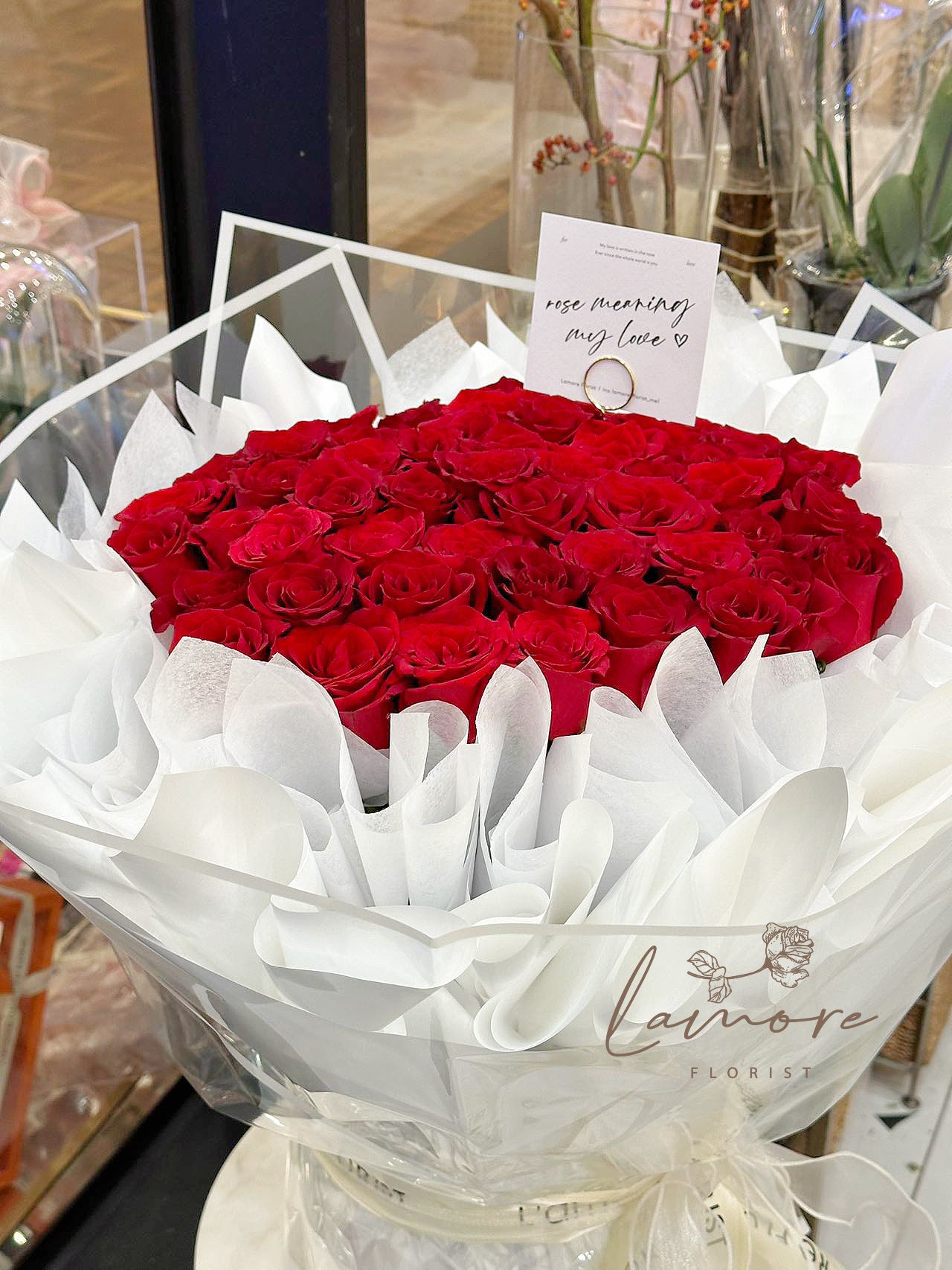 52 Stems Red Rose Bouquet - White Wrapping