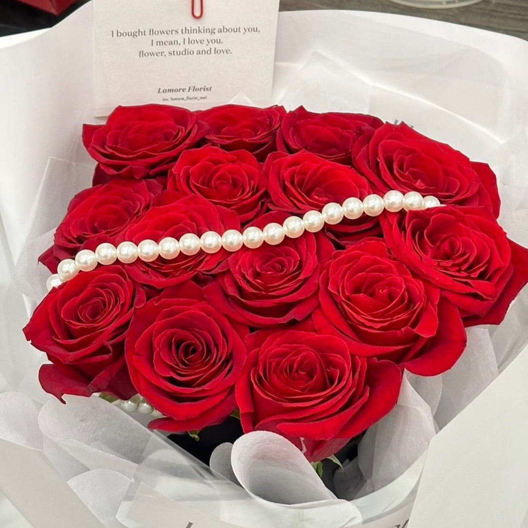 11 Stems Red Rose Bouquet - White Wrapping