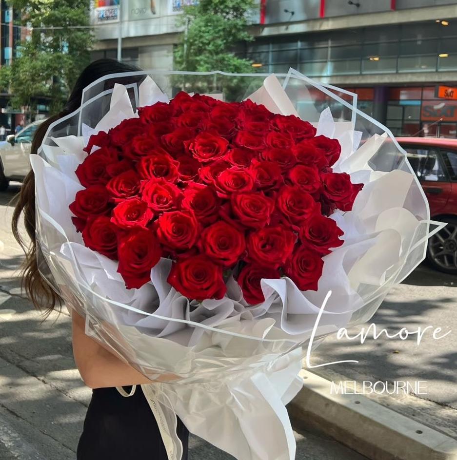 52 Stems Red Rose Bouquet - White Wrapping